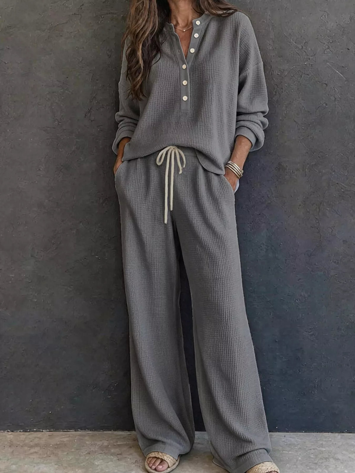 Women's Waffle Knit Button Detail Top and Pants Set in gray — front view