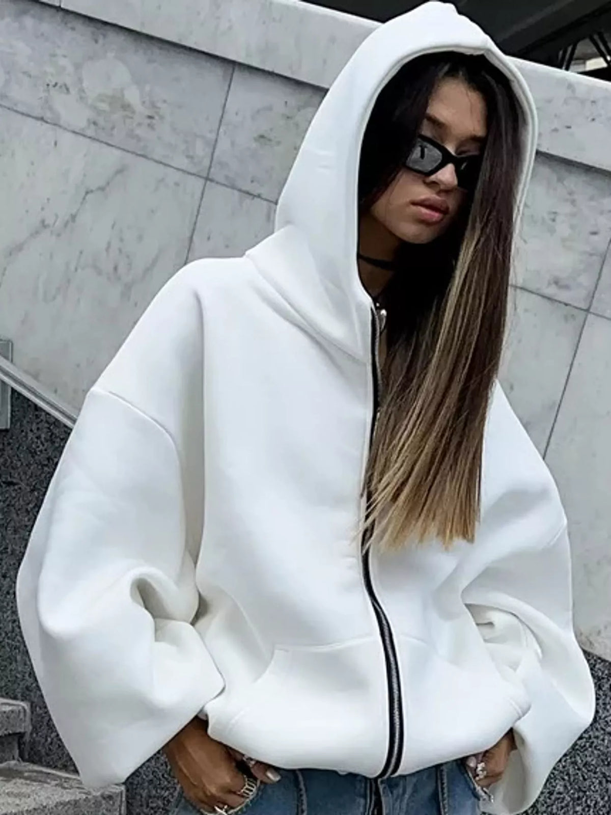 Zip-up hoodie, white front zipped