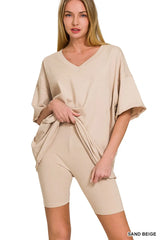 Trendsi Zenana Cotton V-neck Top & Biker Shorts Set -