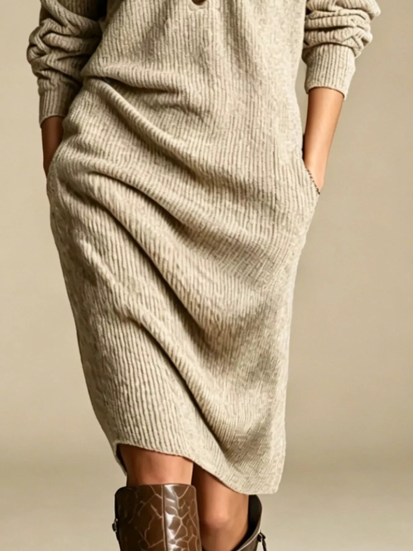 Trendsi V-Neck Half-Button Ribbed Knit Dress -