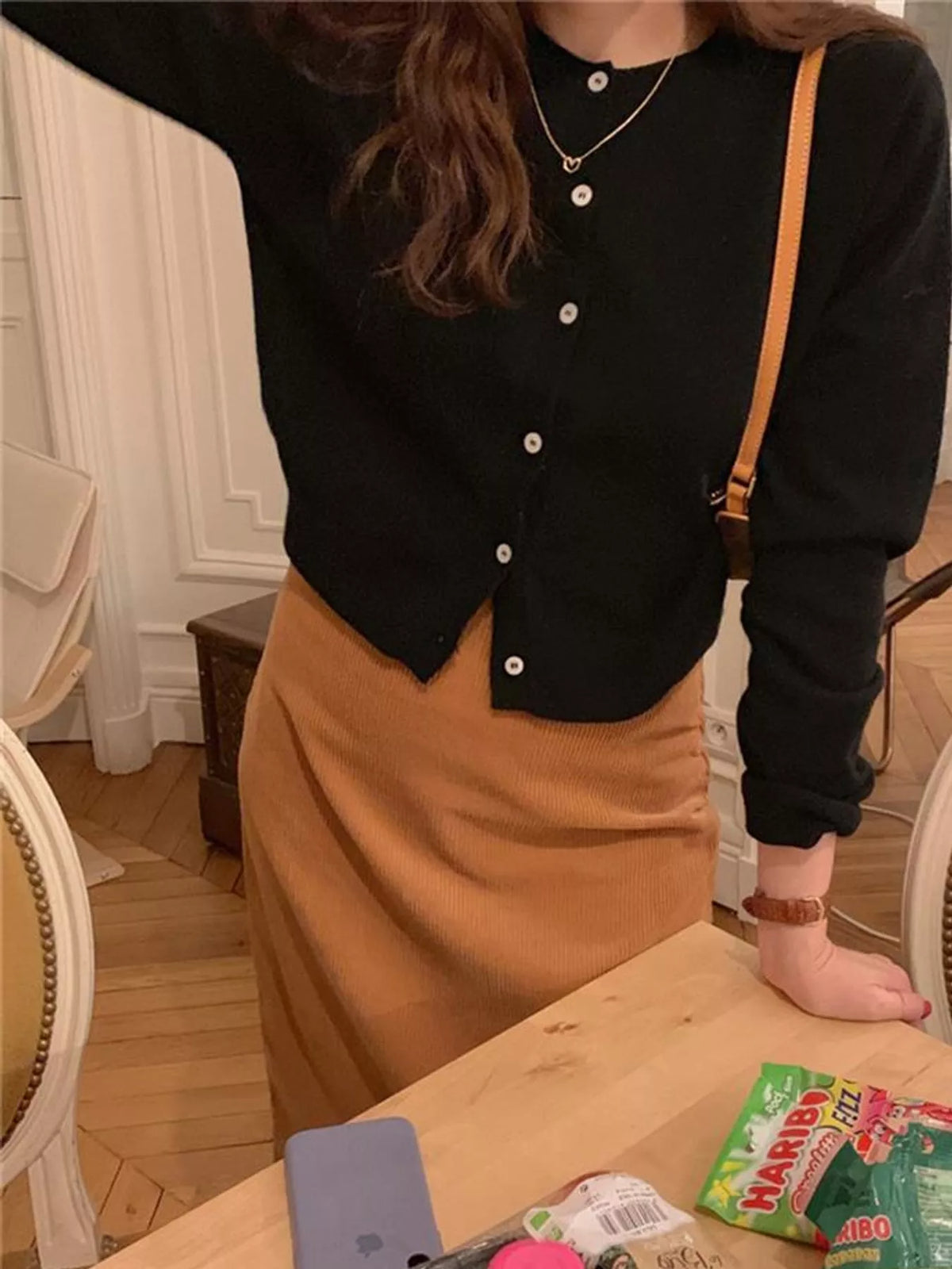 Women's Crew Neck Button-Down Knit Cardigan in black — front view
