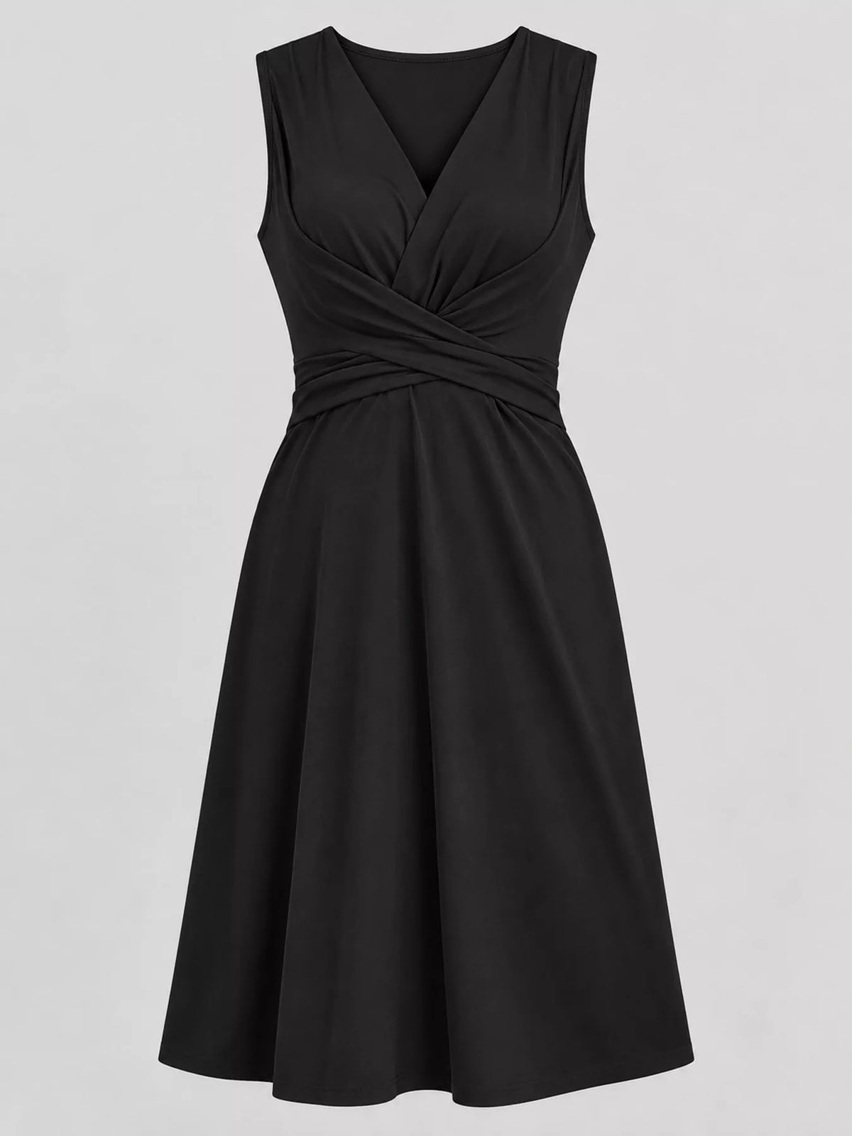 Black sleeveless ruched-front midi dress, sleeveless product view