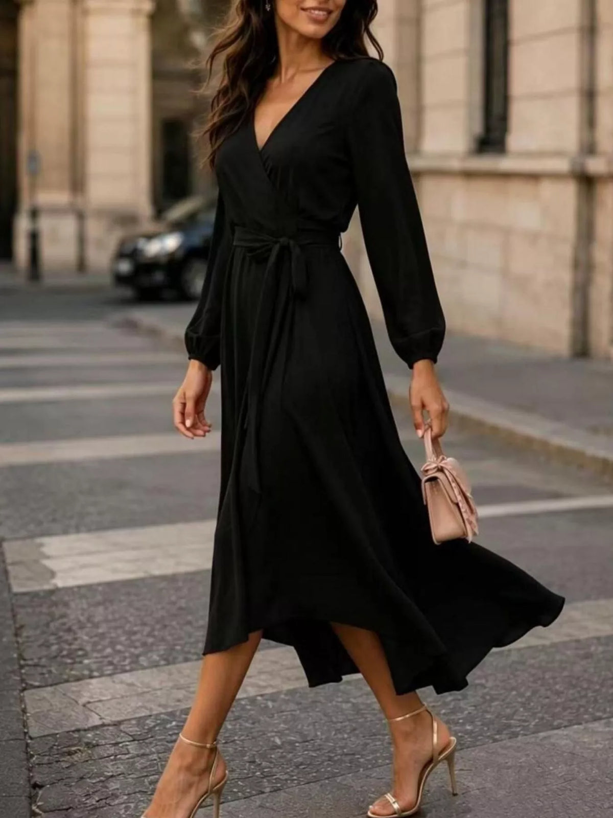 Black long sleeve wrap dress with waist tie