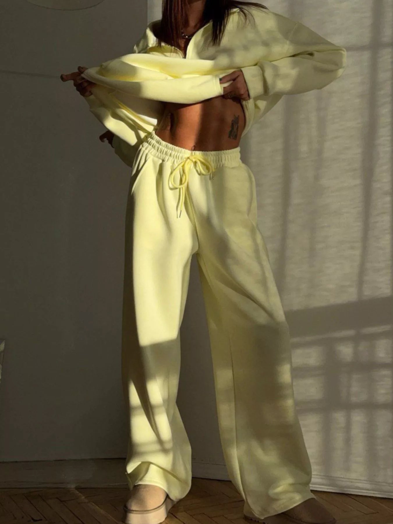 Trendsi Quarter-Zip Top and Wide-Leg Sweatpants Set -