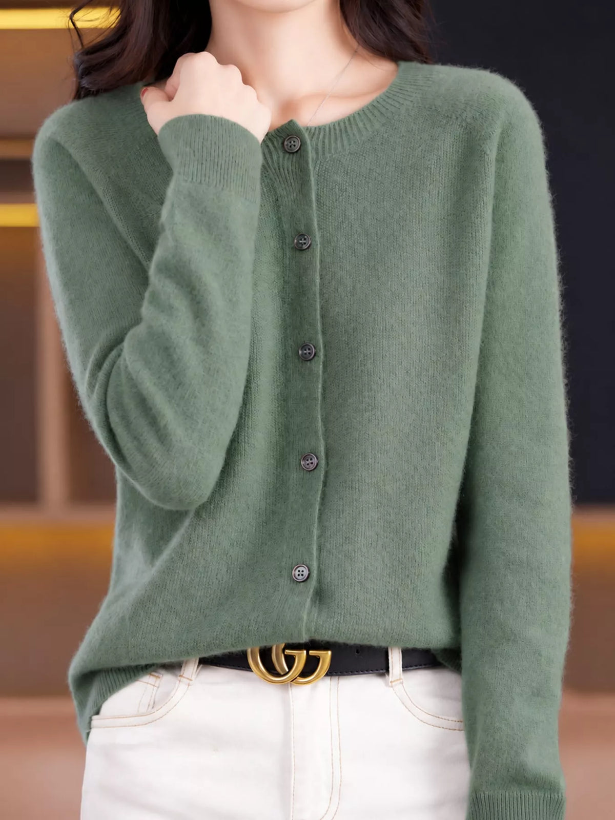 Round neck long sleeve cardigan, front view on model