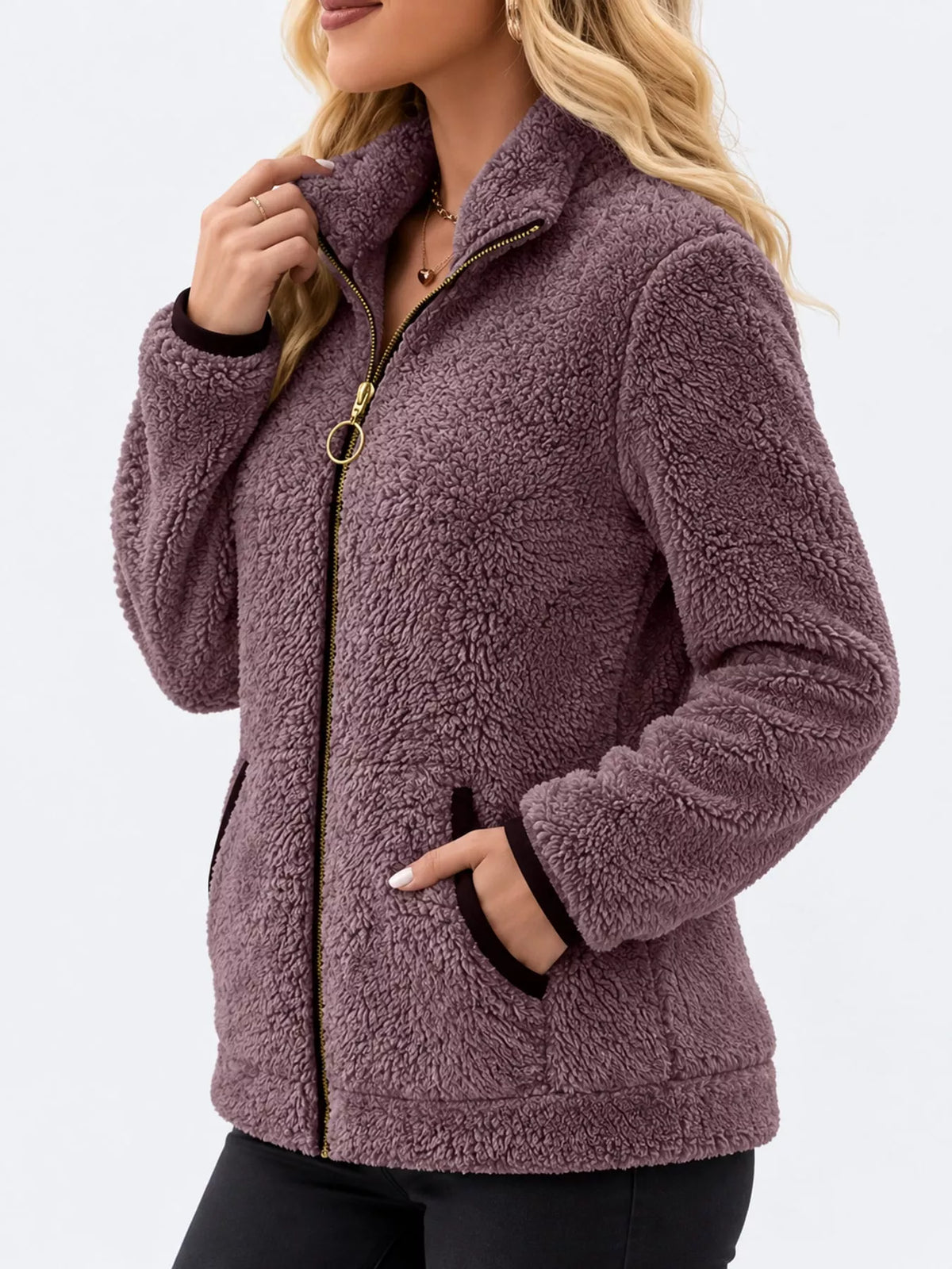 Contrast-trim fleece jacket, purple side
