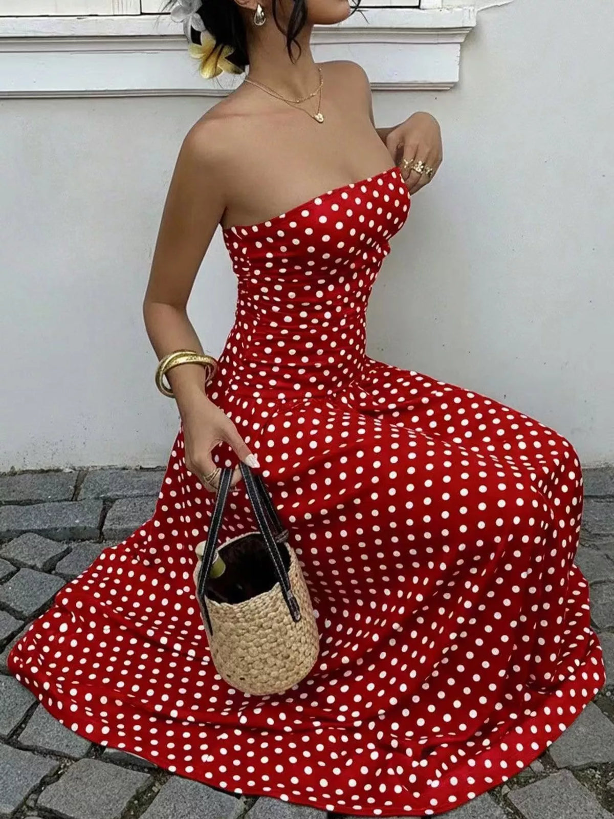 Women's Strapless Polka Dot Ruched Maxi Dress in red dots — front view