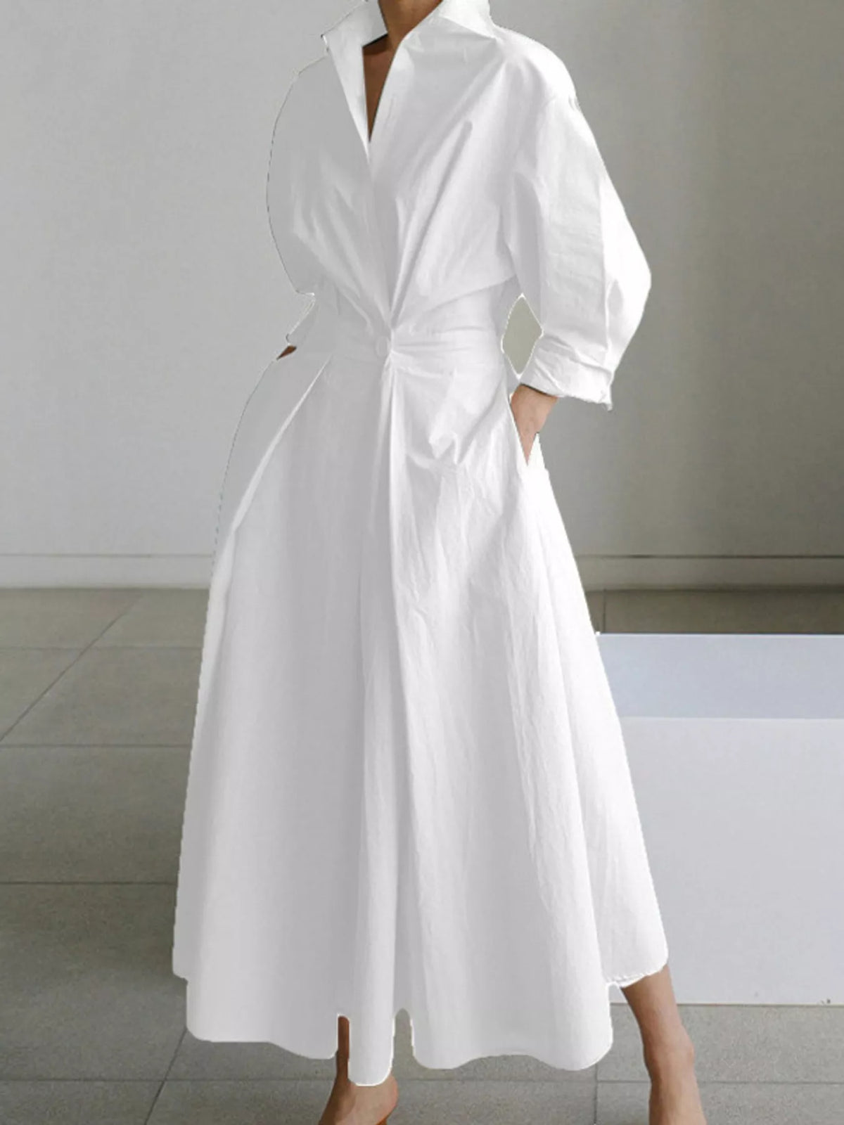 Collared Three-Quarter Sleeve Midi Shirt Dress — front view