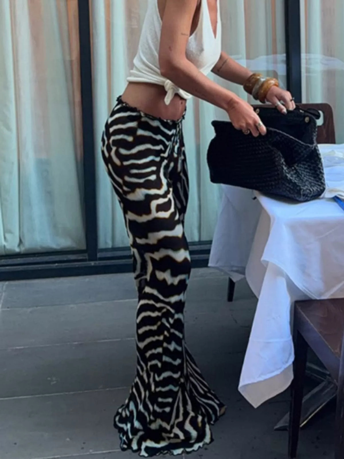 Zebra Print Sheer Mesh Top and Pants Set in multicolor