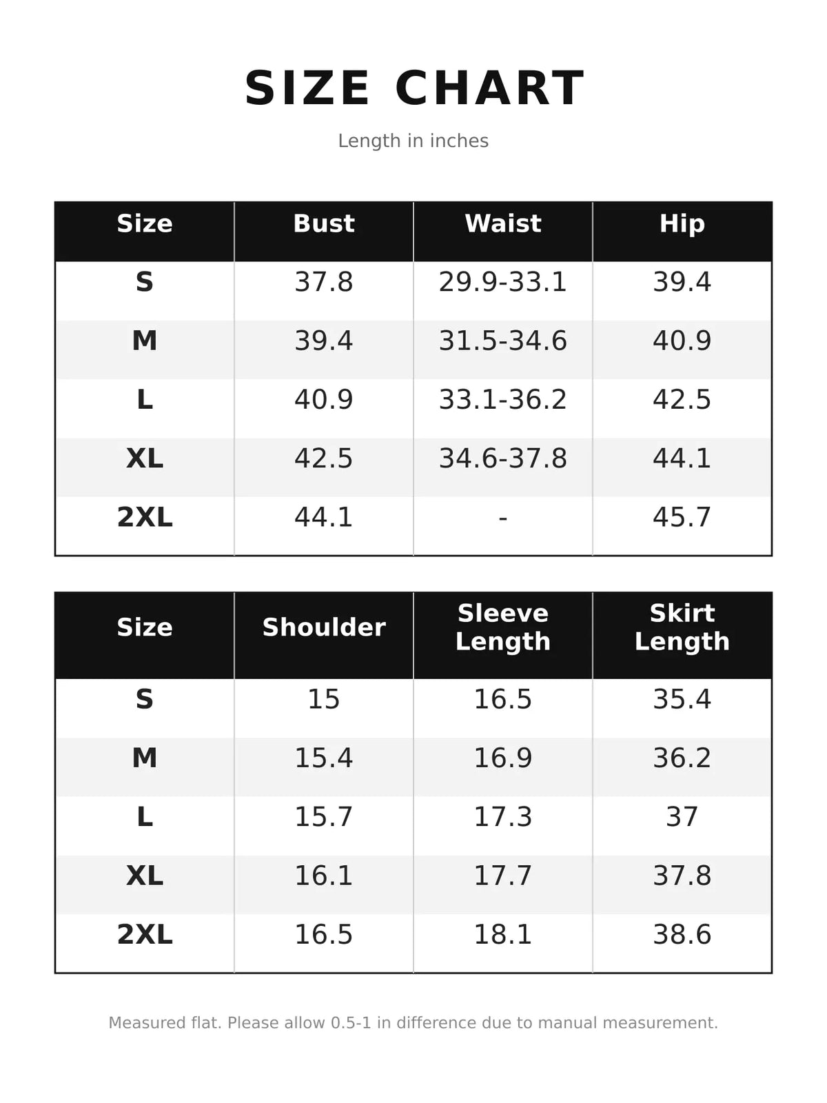 Size chart for notched 3/4 sleeve mini dress