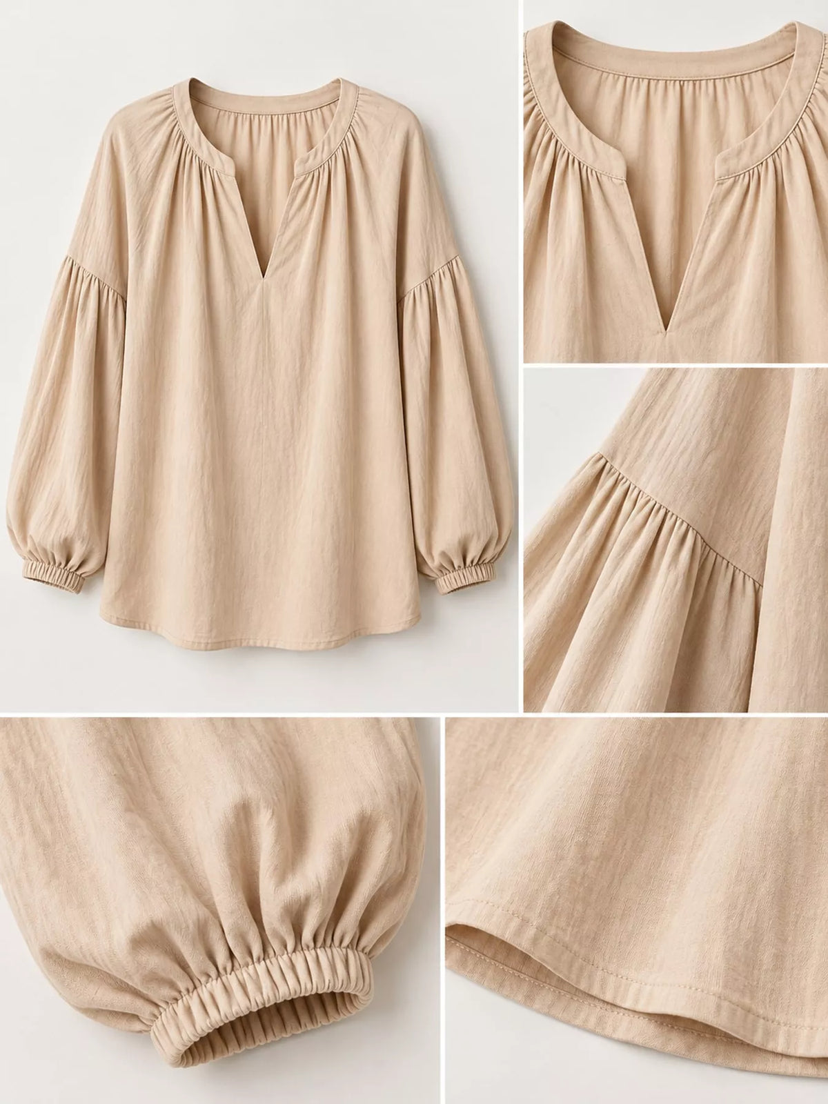 Notched Balloon Sleeve Blouse in beige, construction detail