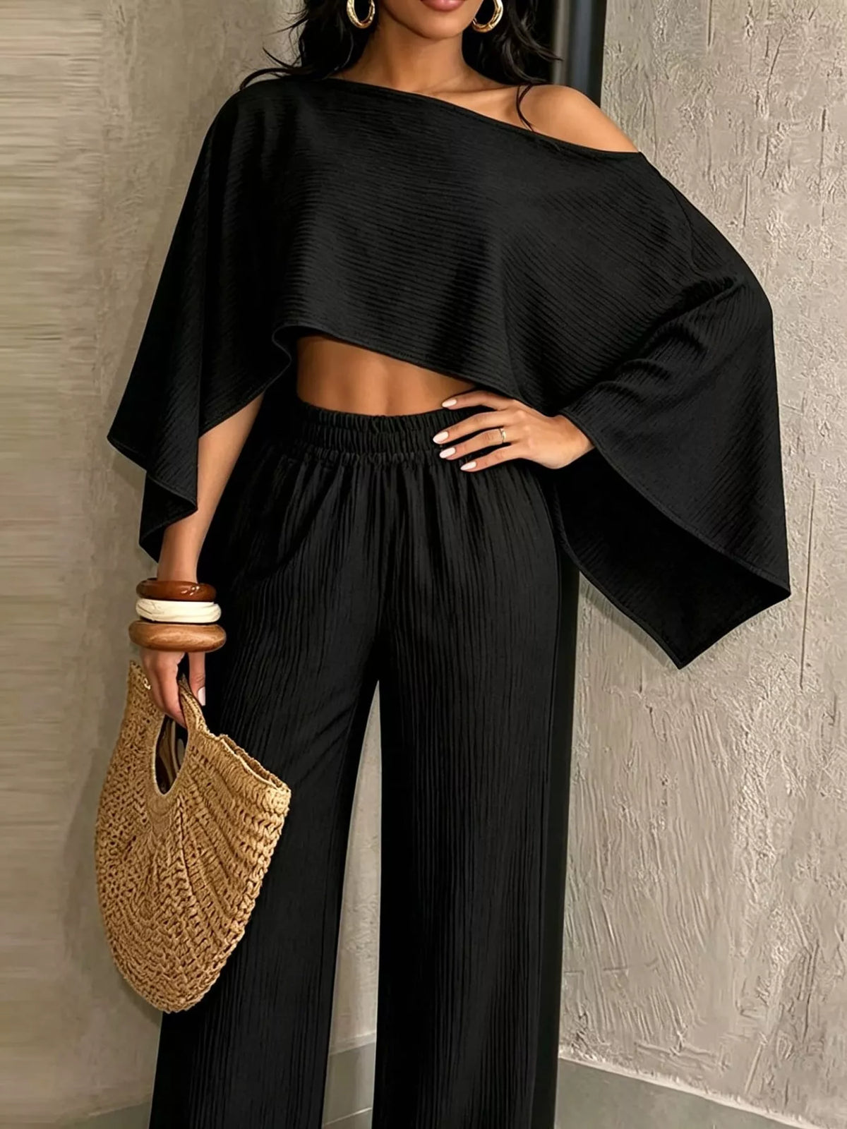 Women's Boat Neck Crop Top and Wide-Leg Pants Set in black — front view
