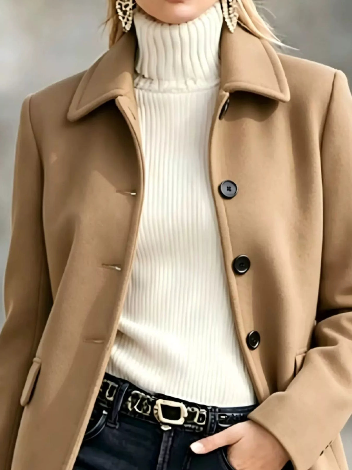 Camel button-up collared neck coat, pointed collar and button front