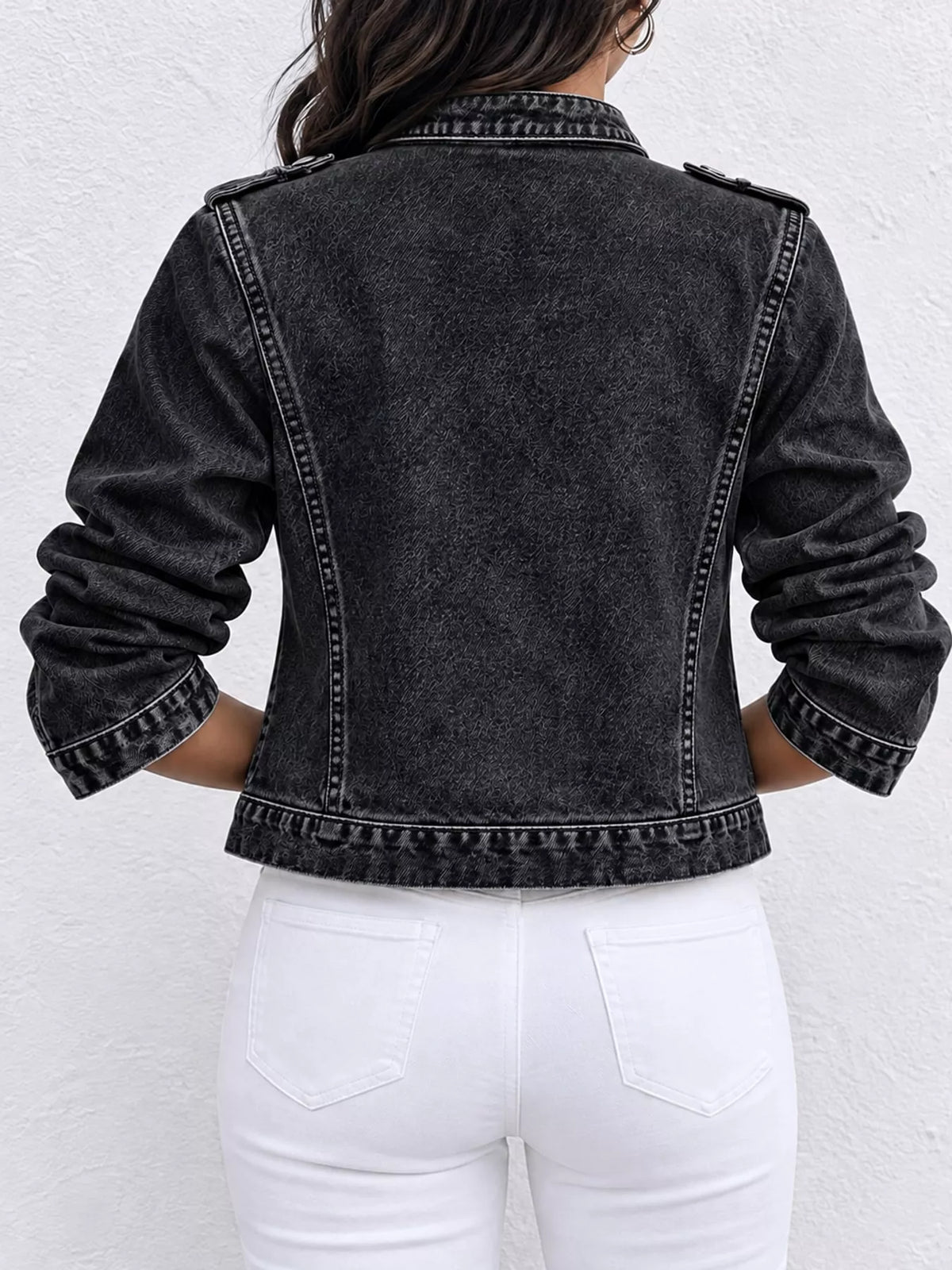 Decorative Button Cropped Denim Jacket — back view