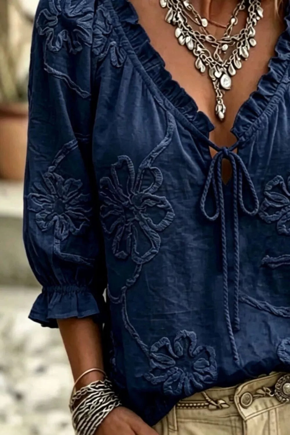 Floral Tie Neck 3/4 Sleeve Blouse in navy, embroidery and neckline detail