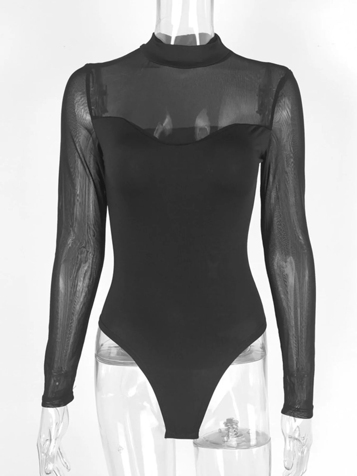 Sheer Mesh Long Sleeve Mock Neck Bodysuit — garment front