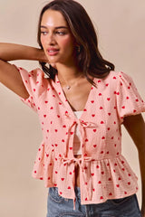 Trendsi SO ME All Over Heart Ribbon Tie Baby Doll Valentine Blouse -