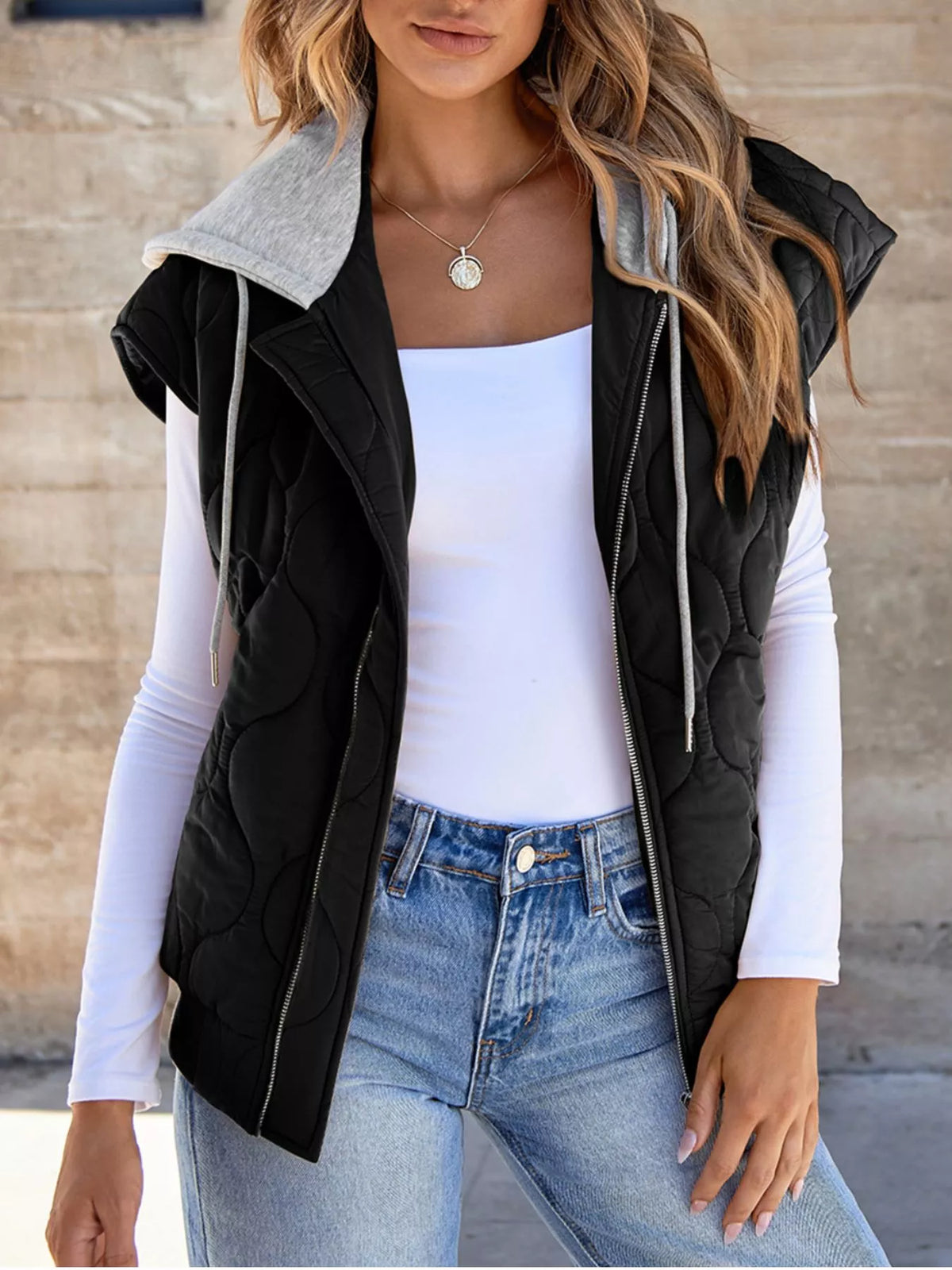 Hooded puffer vest, black full front