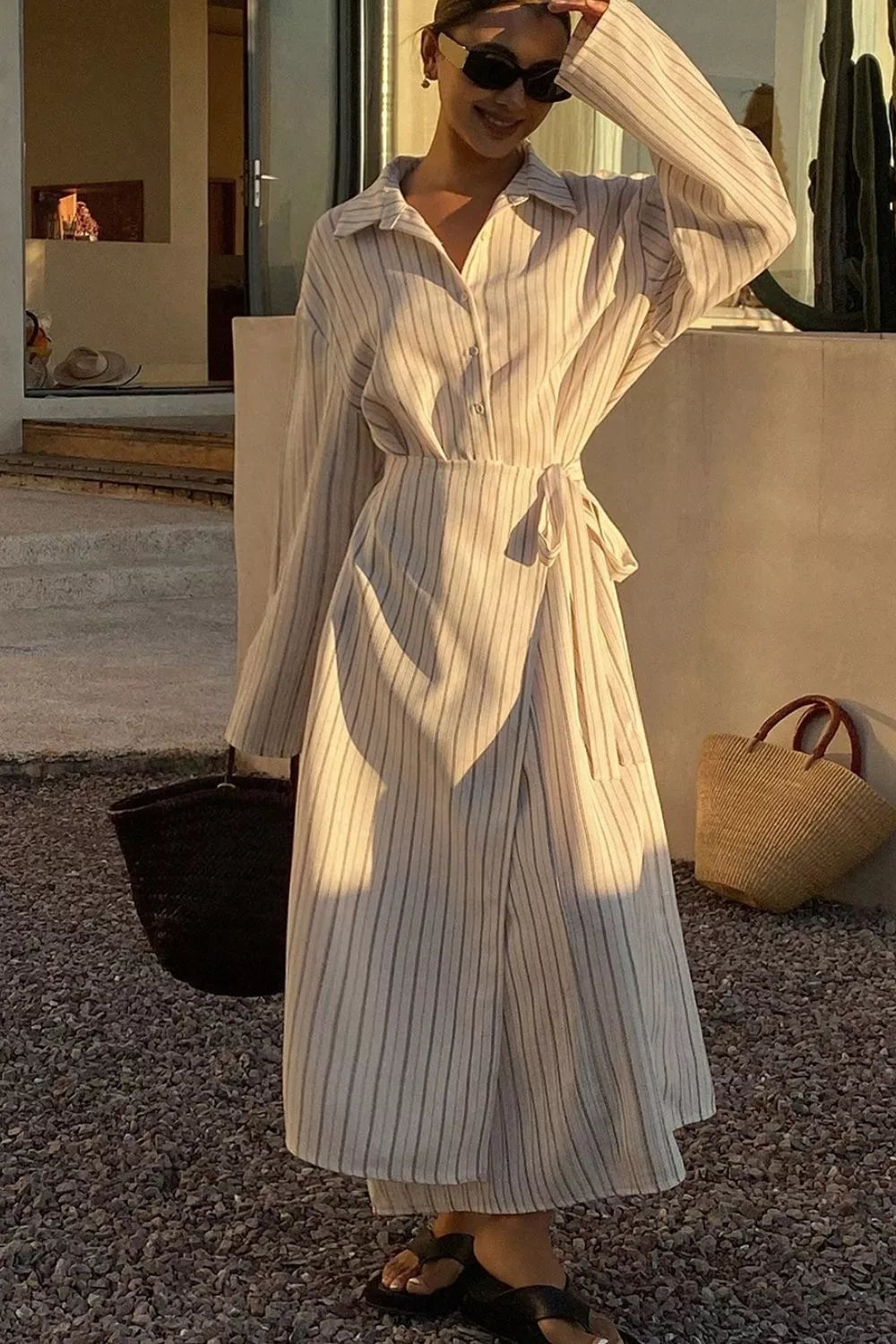 Striped button-down shirt dress with waist tie