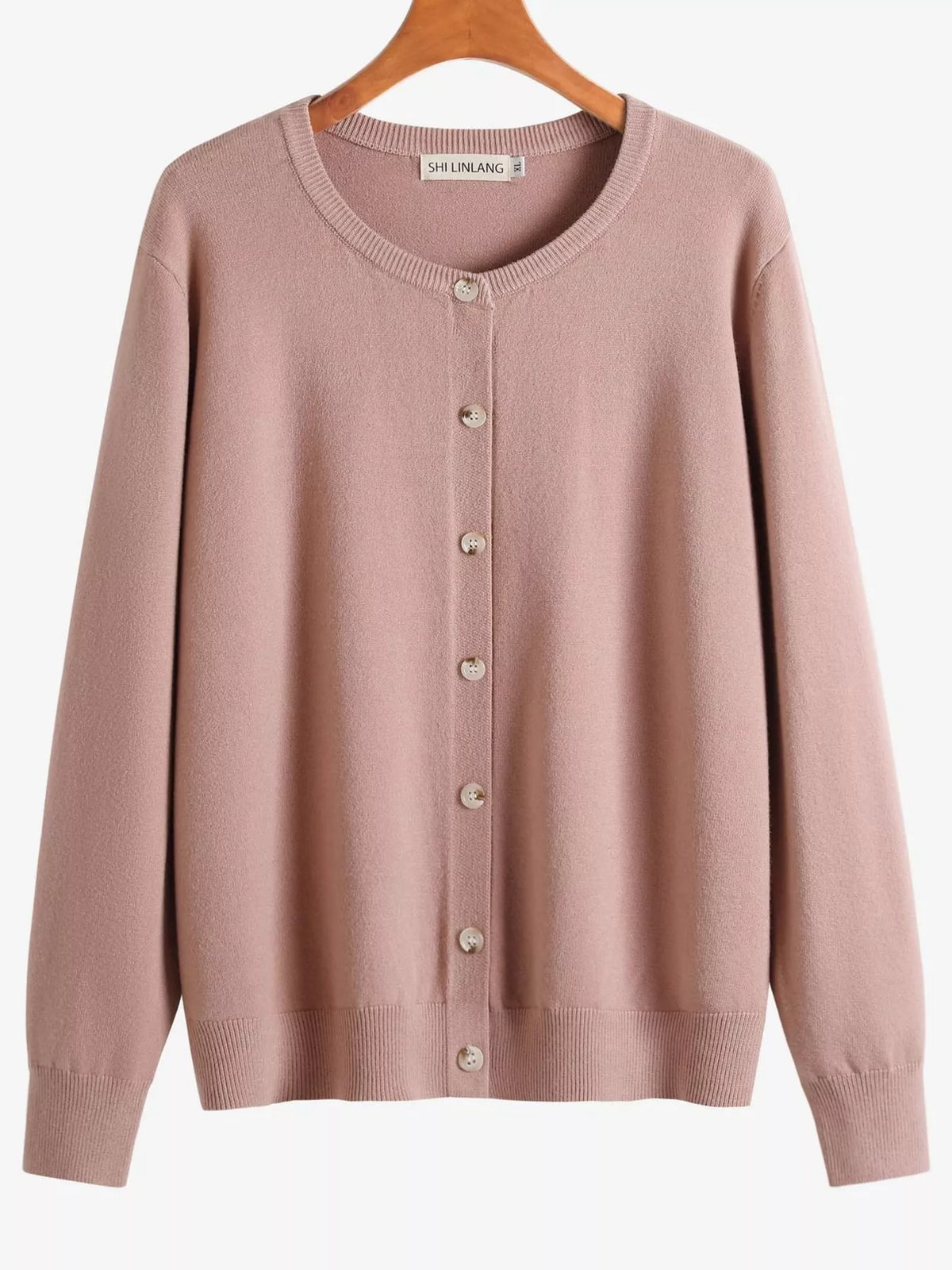 Pink crew neck button down knit cardigan, front view