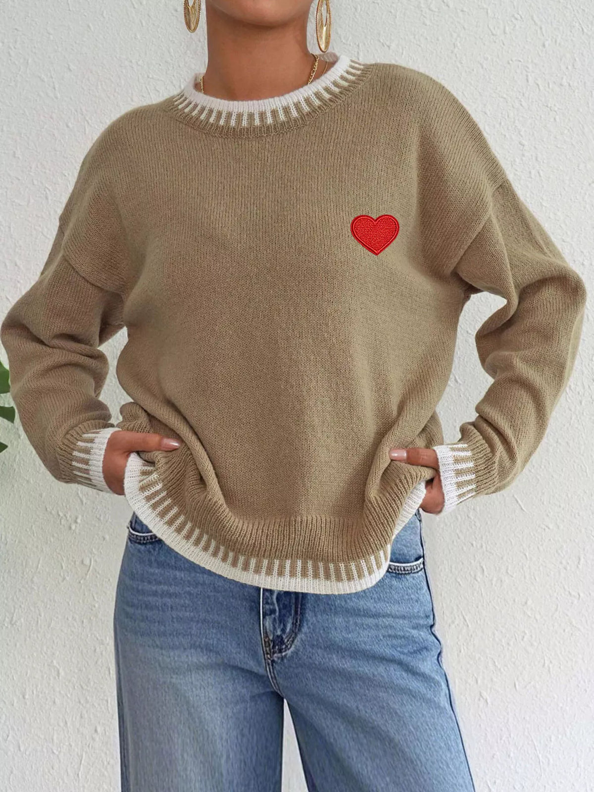 Heart-embroidered contrast-trim sweater in camel, front view
