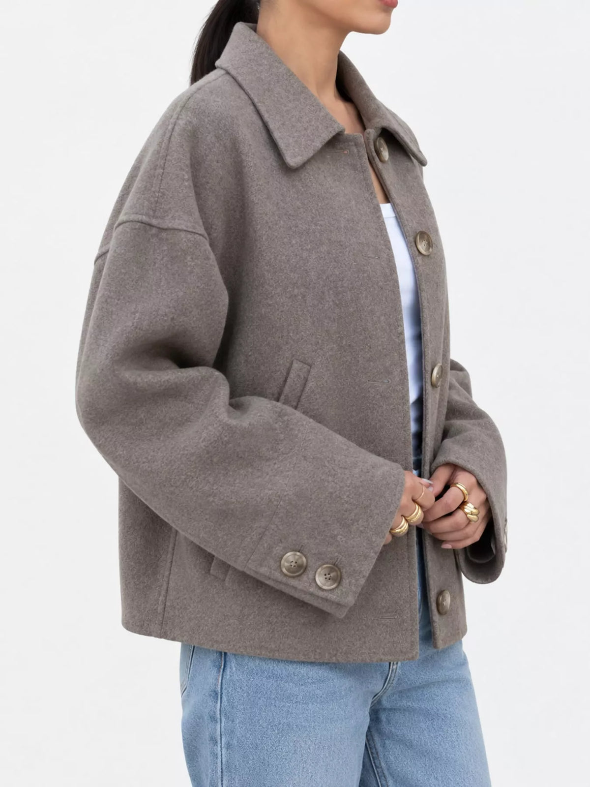 Button-up jacket, taupe side
