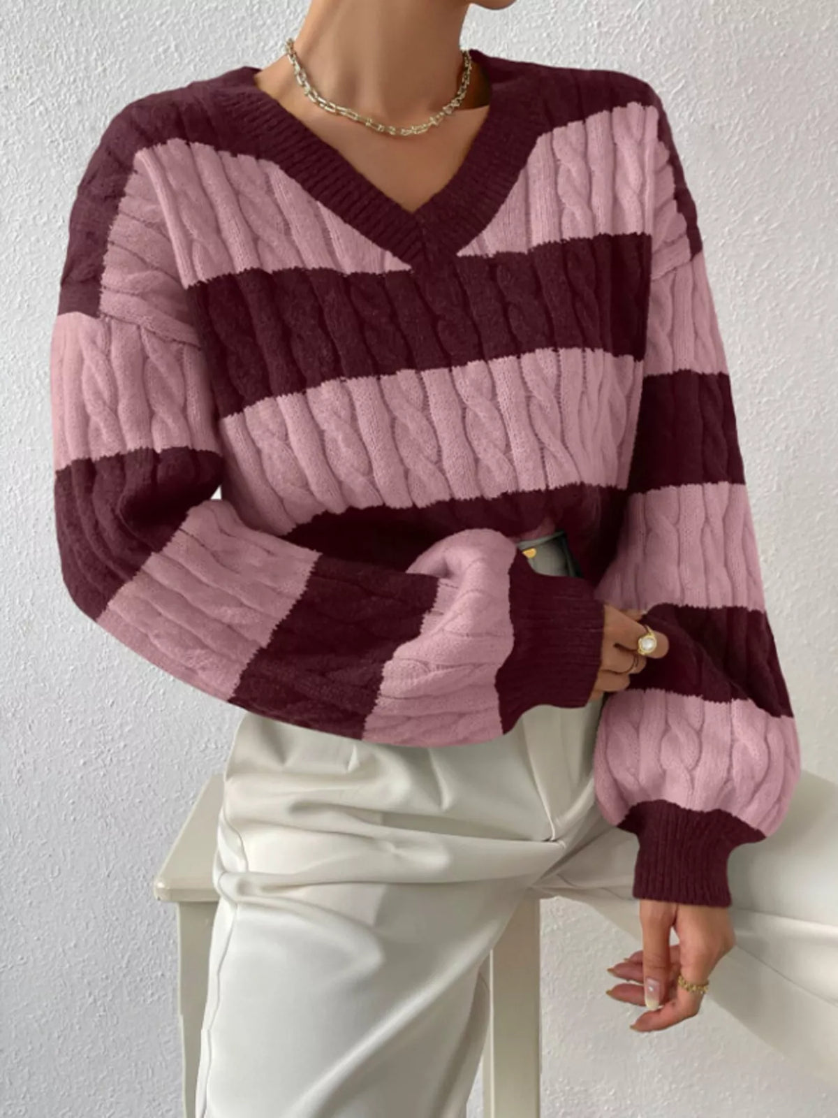 Women's V-Neck Striped Cable Knit Sweater in Purple, front view
