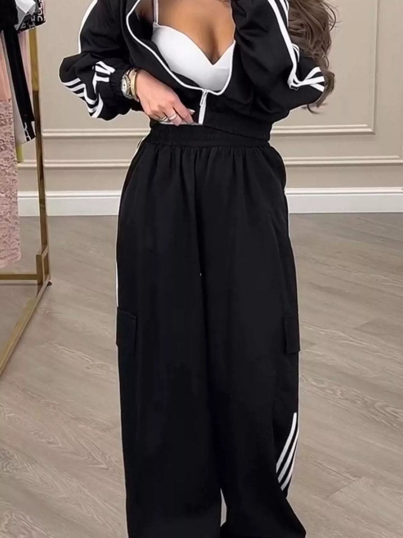 Trendsi Full Size Side Striped Zip Up Outerwear and Pants Set Plus Size -