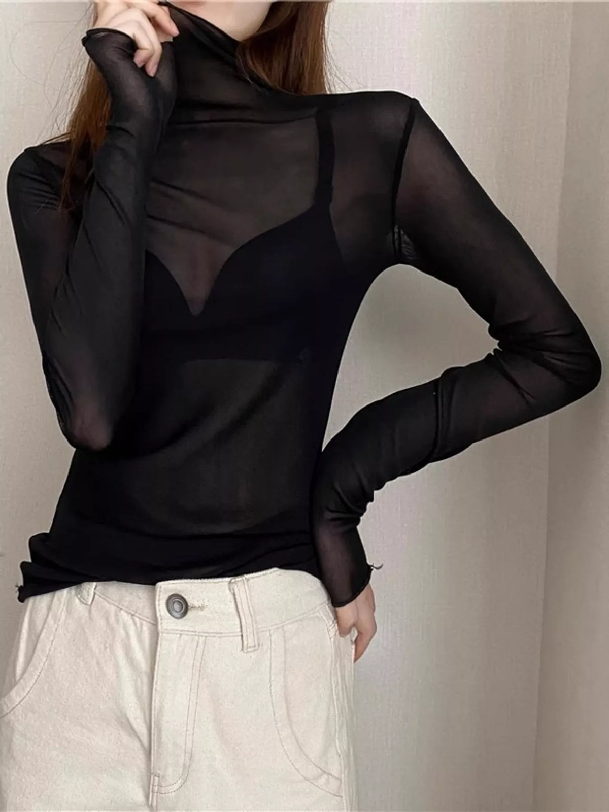 Black sheer turtleneck mesh t-shirt
