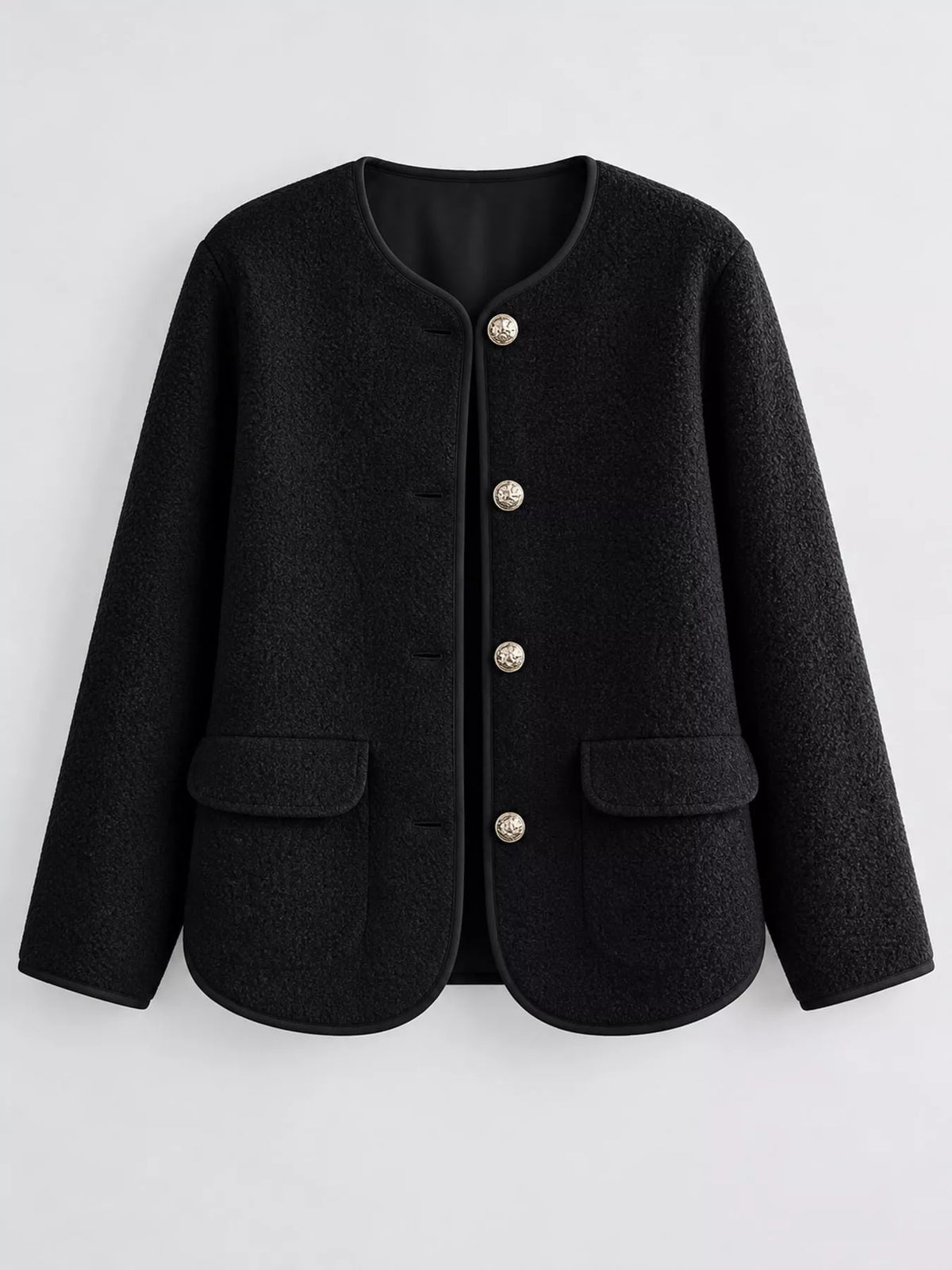 Black textured button-front jacket — front view