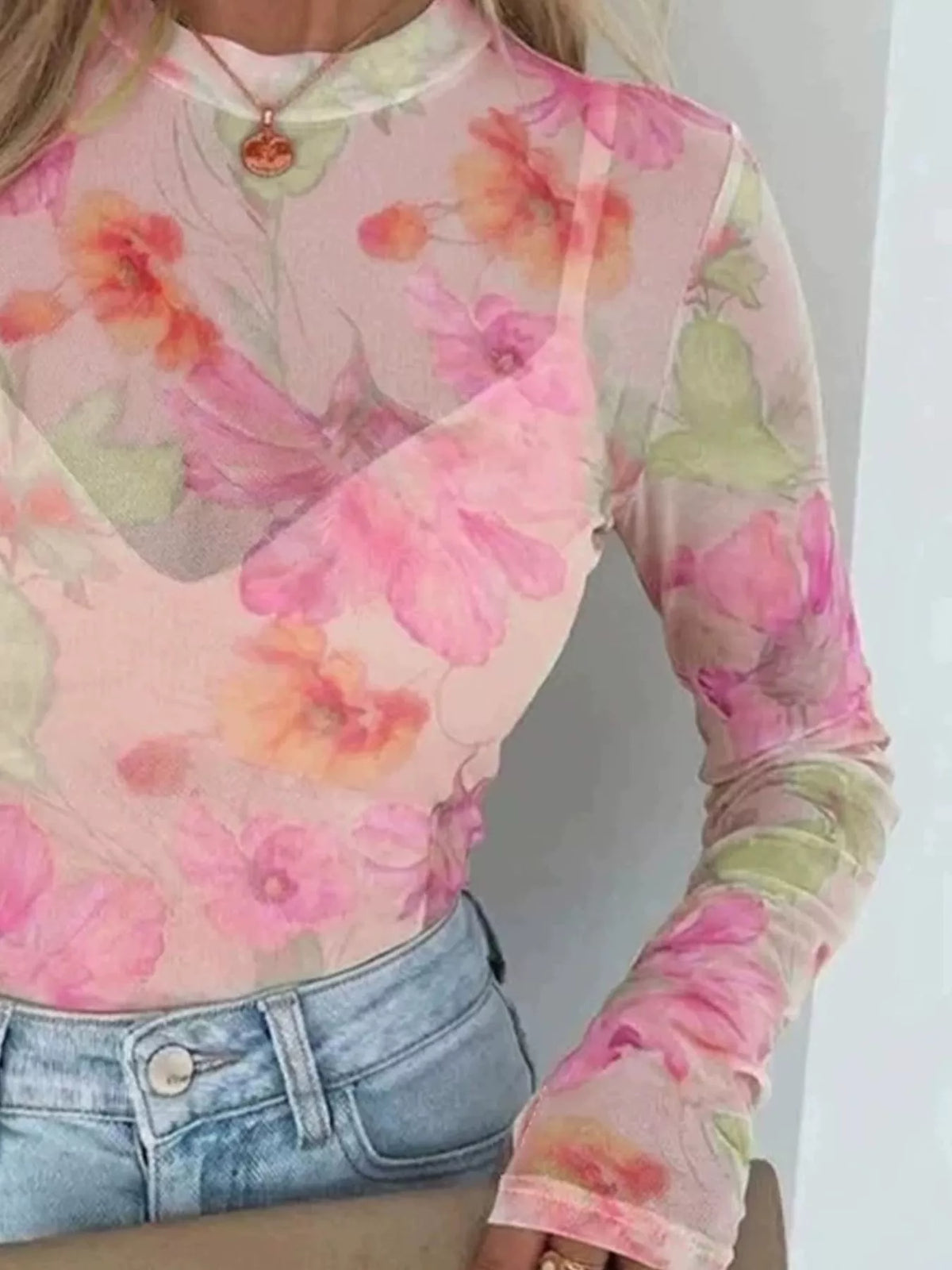 Pink floral print sheer mesh long sleeve t-shirt