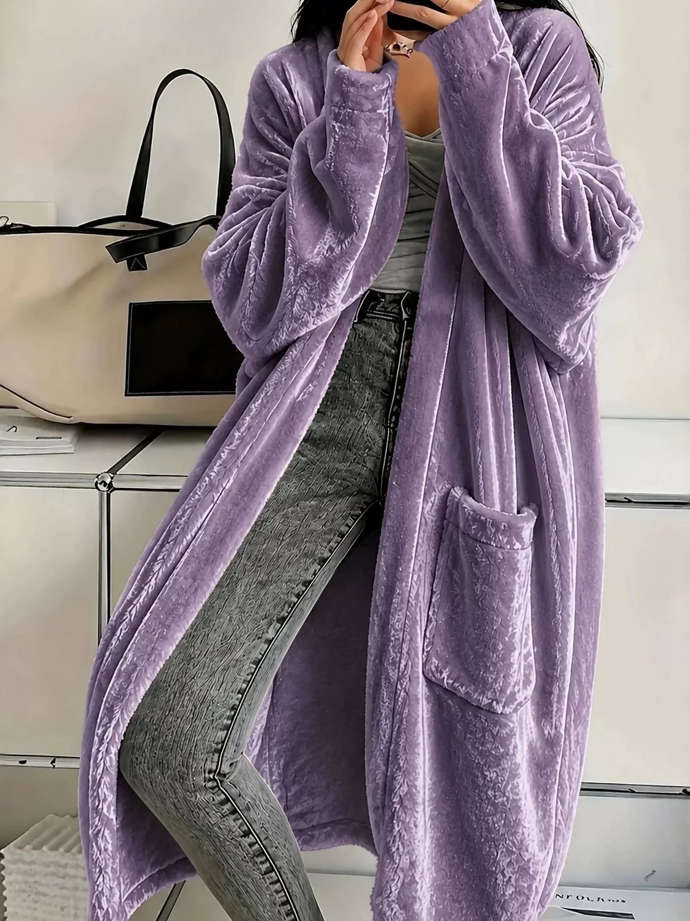 Trendsi Full Size Velvet Open-Front Longline Outerwear Plus Size -
