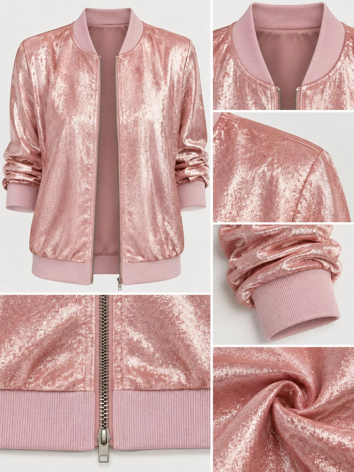 Zip-up bomber jacket, pink metallic garment details