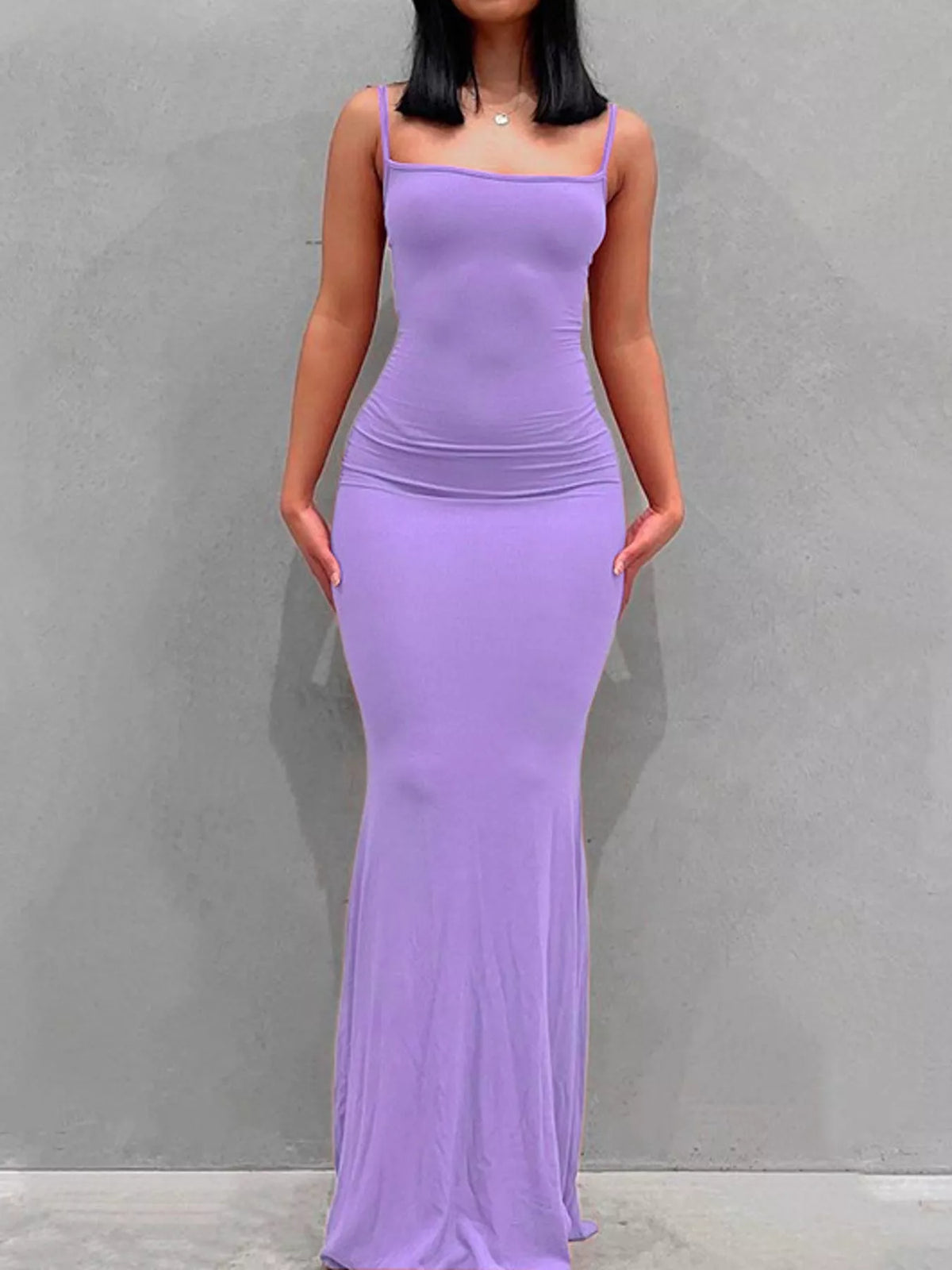 Square neck spaghetti-strap maxi dress, front view on model