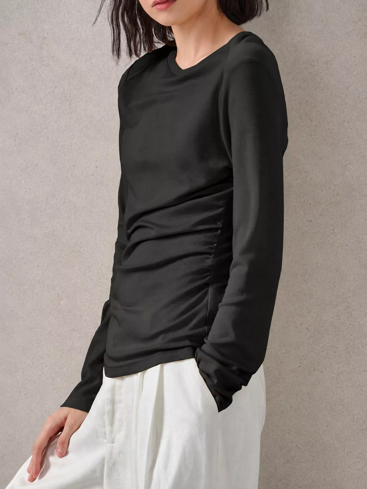 Round neck long sleeve t-shirt, side view