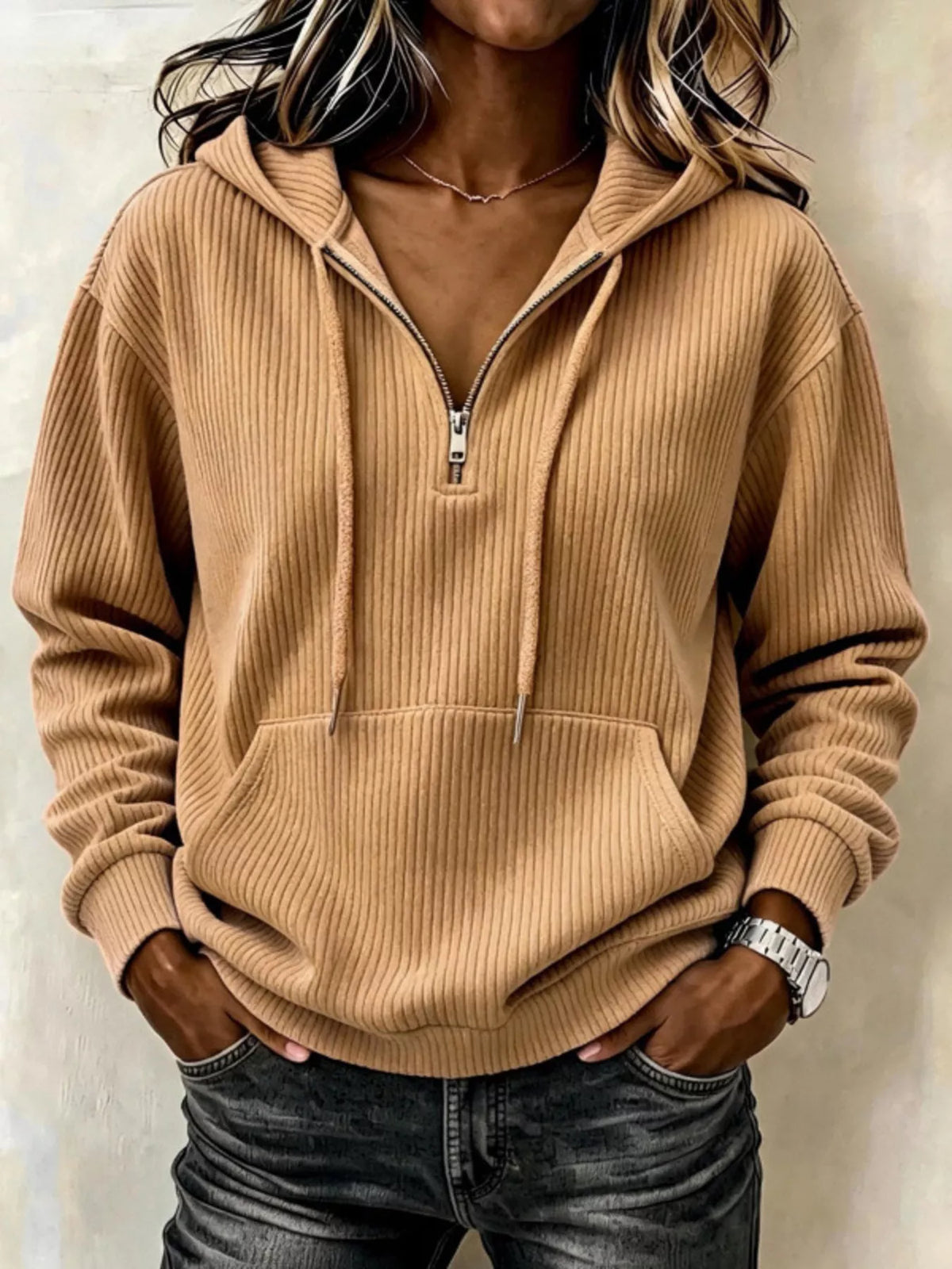 Ribbed Knit Quarter-Zip Hoodie, front view