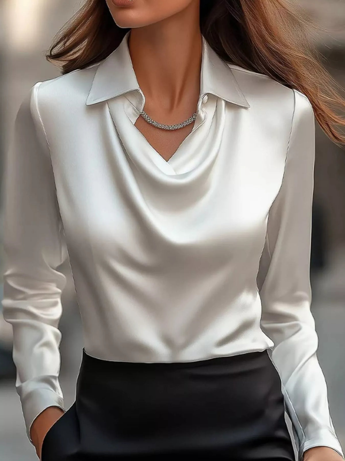 White satin cowl neck blouse