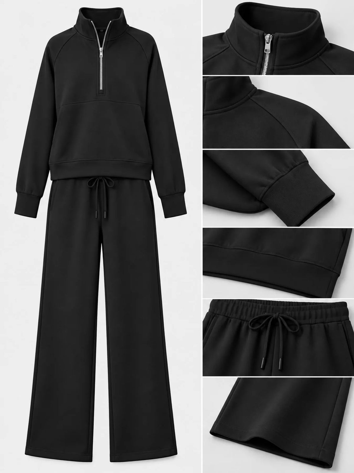 Half-zip top and pants set, black garment details