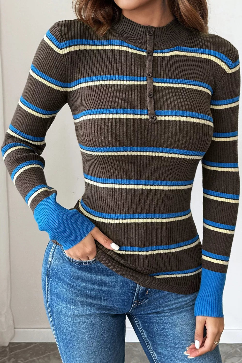 Trendsi Ribbed Knit Contrast Cuff Henley Button Sweater -