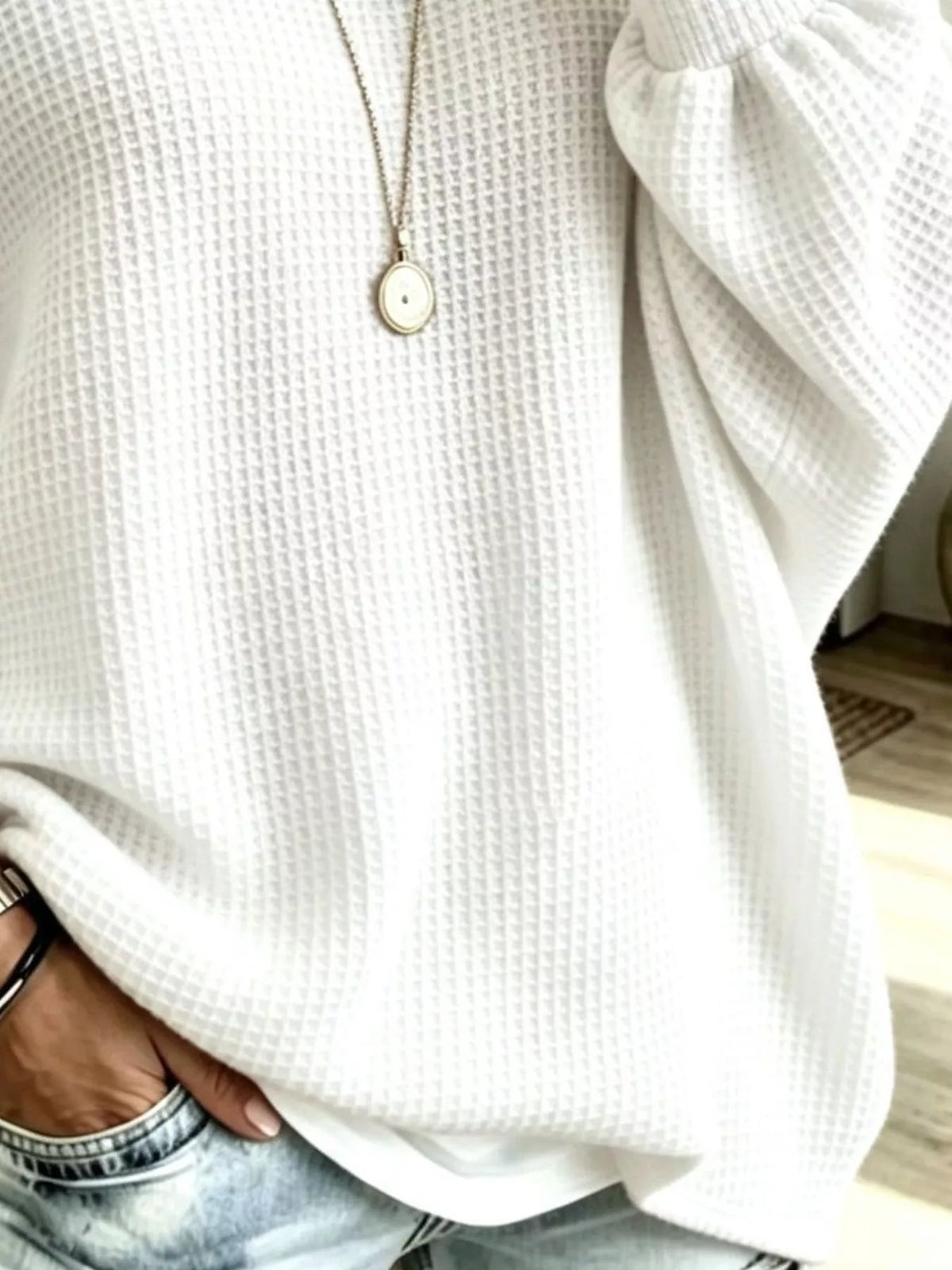 Women's Waffle Knit Boat Neck Sweatshirt in white — texture detail view