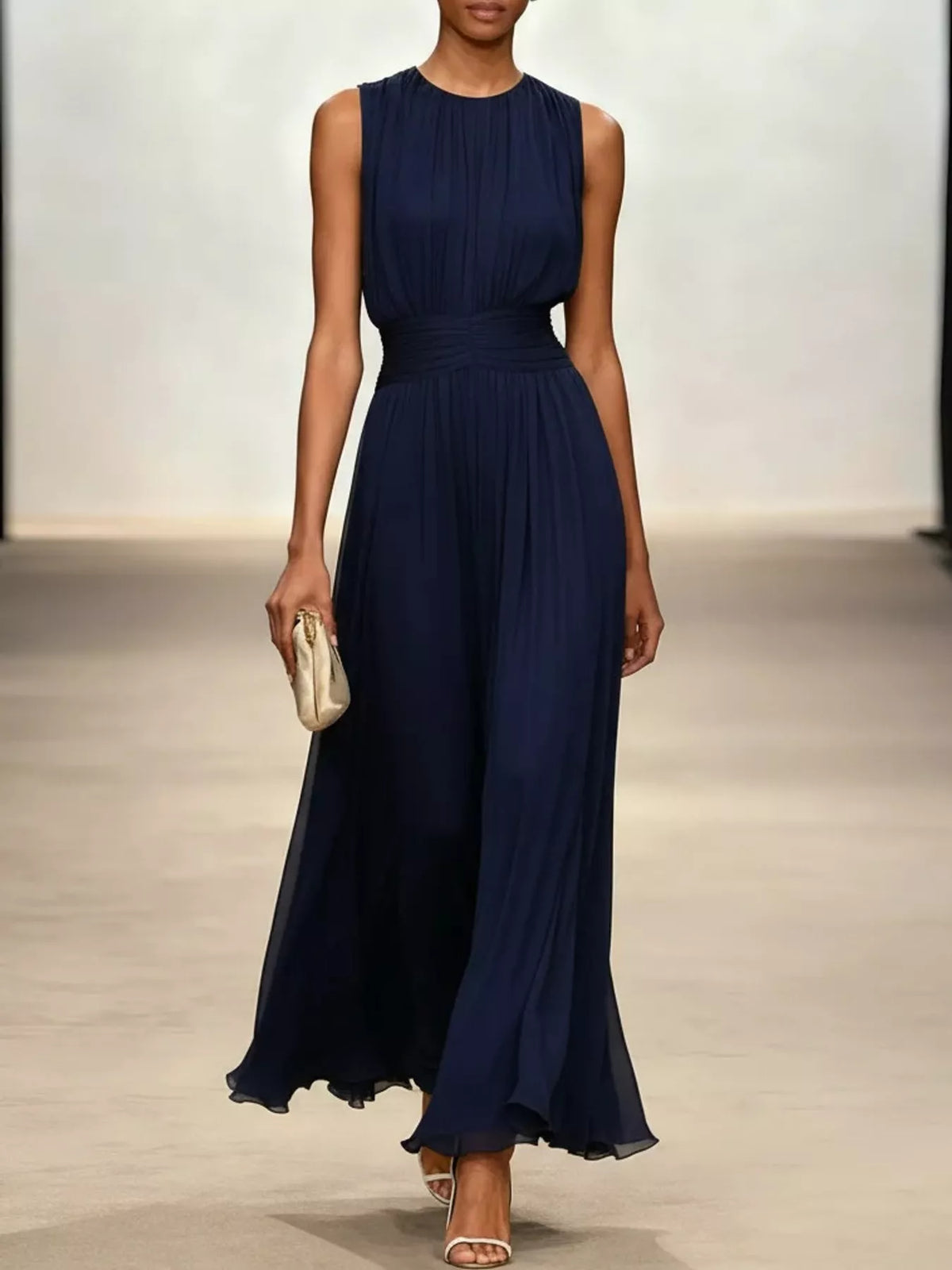 Navy sleeveless ruched chiffon maxi dress, front view