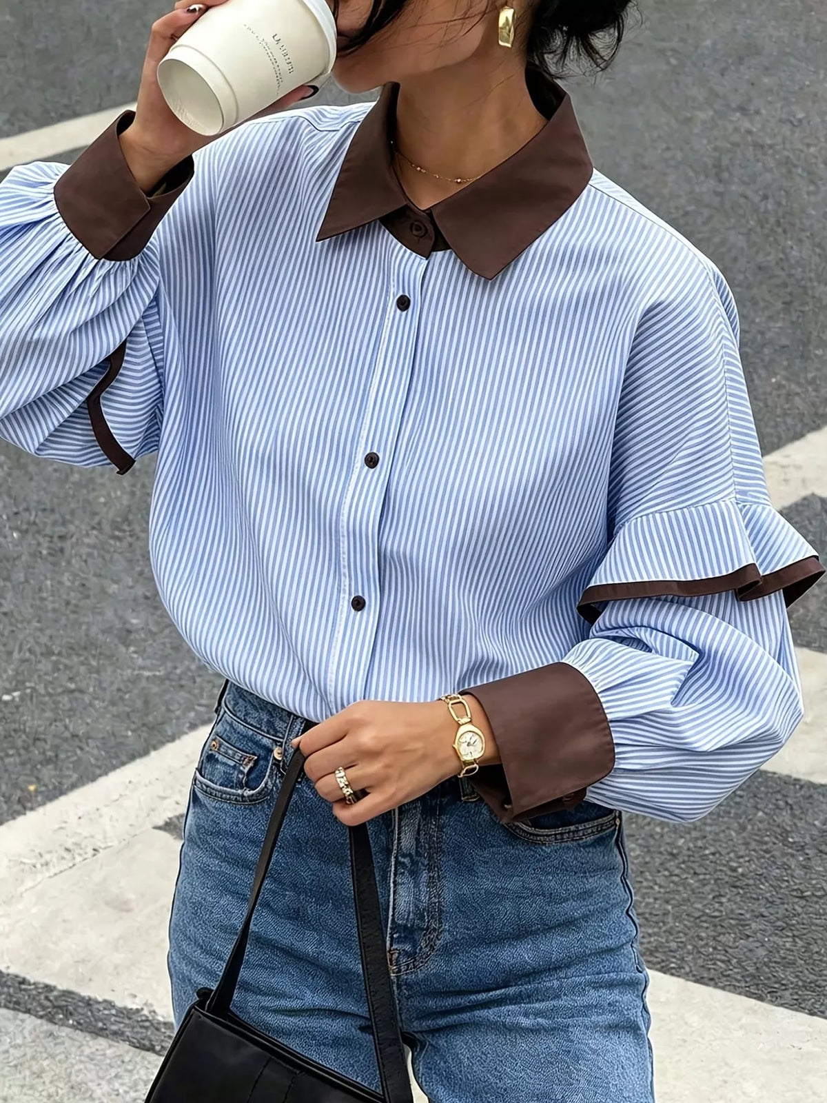 Contrast Collar and Cuff Striped Shirt — front view