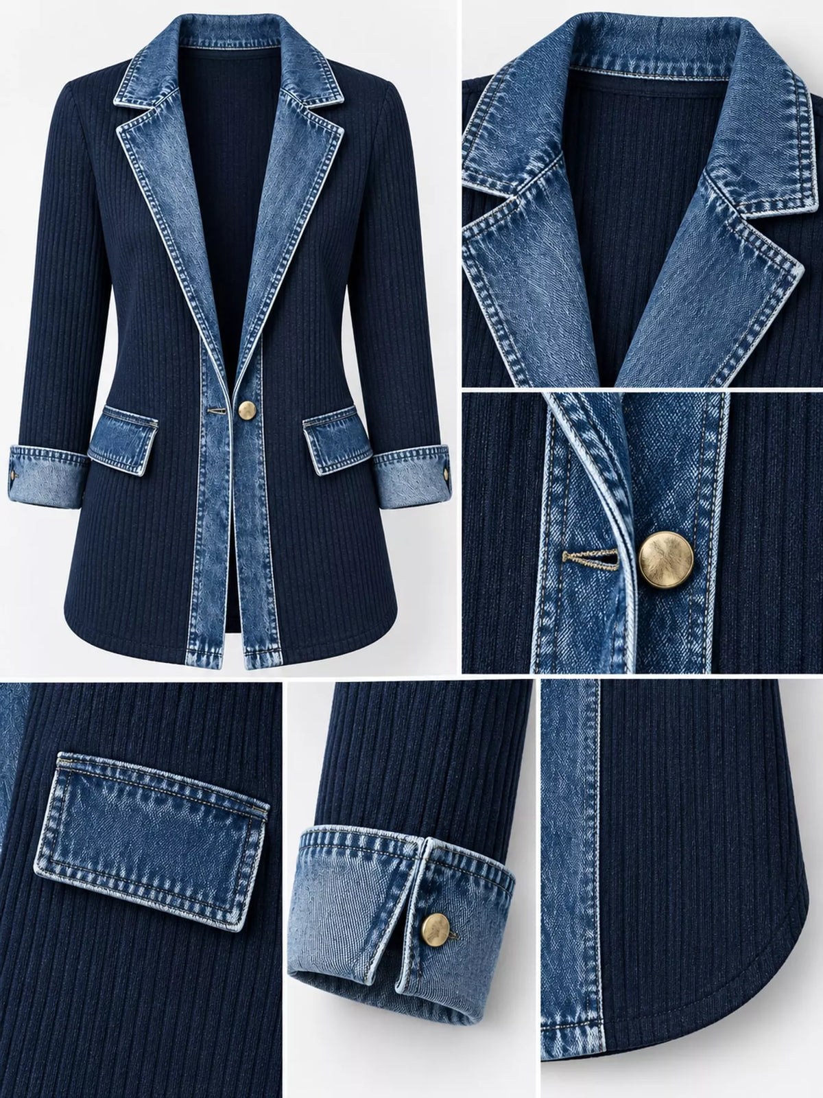 Navy denim trim ribbed knit cardigan, denim-trim lapel, pocket flap, cuff, and button close-ups