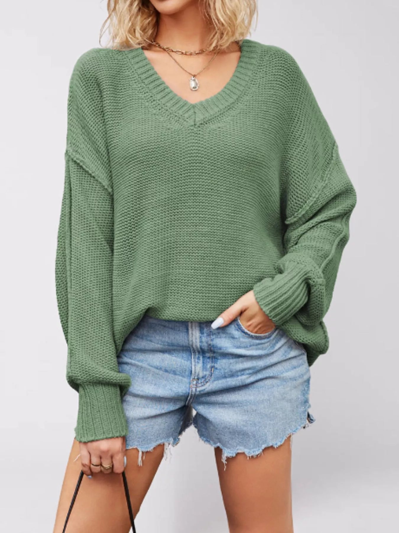 Trendsi V-Neck Loose Knit Drop Shoulder Sweater -