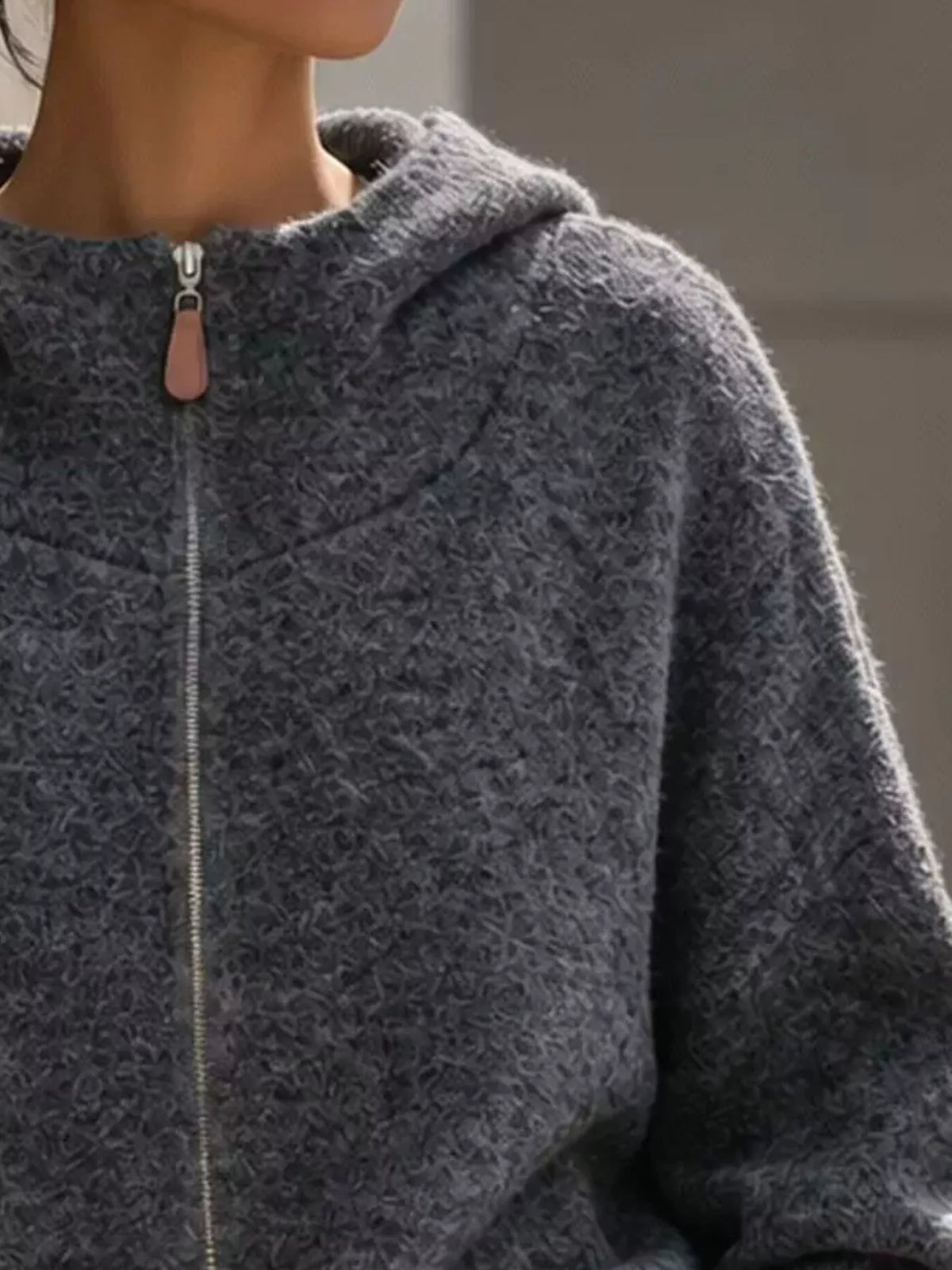 Dark Gray Contrast Denim Pockets Hooded Cardigan alternate view