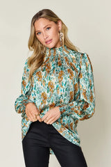 Trendsi Double Take Full Size Printed Smocked Long Sleeve Blouse -