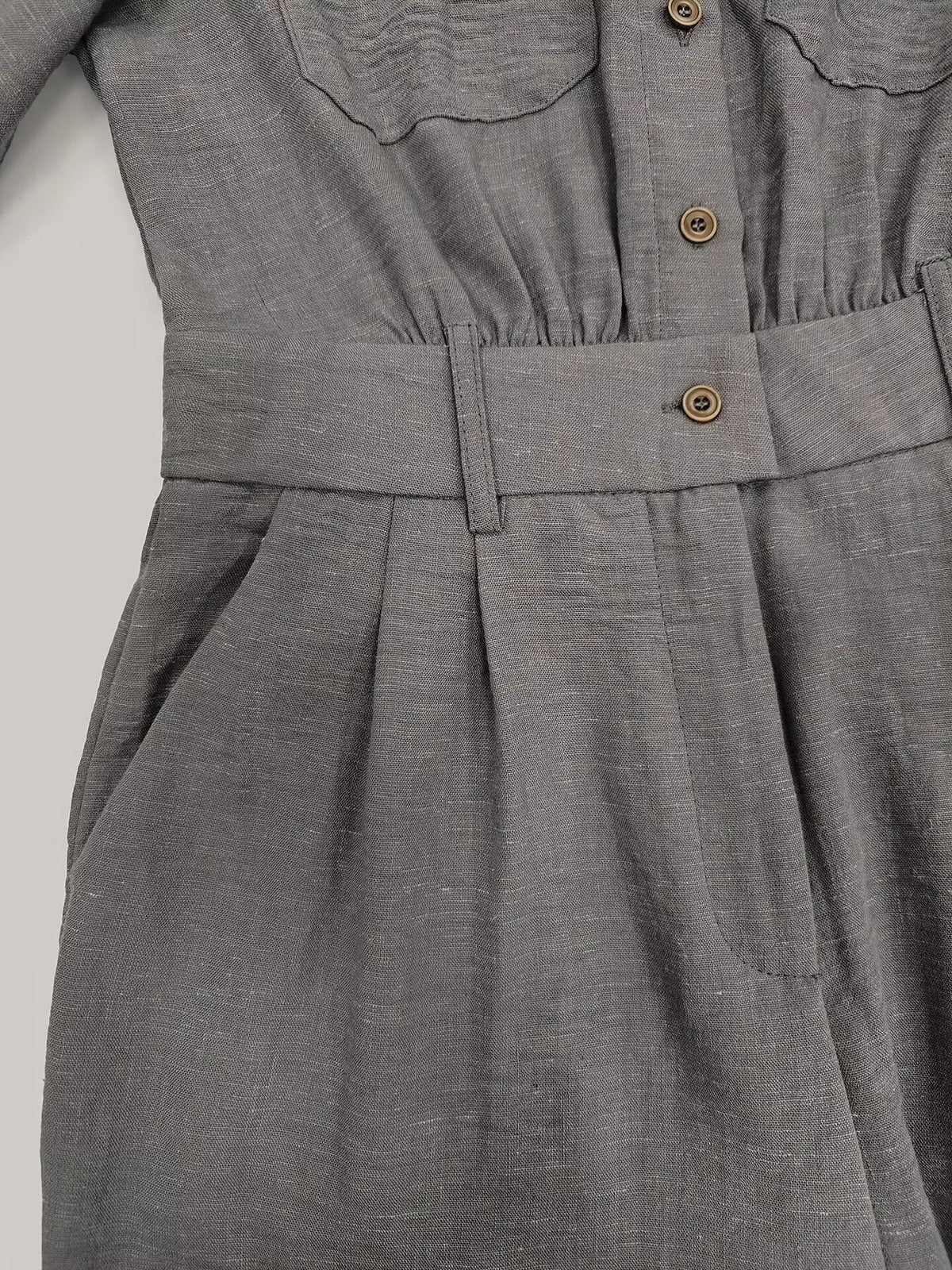 Button Front Long-Sleeve Jumpsuit in gray, waist detail