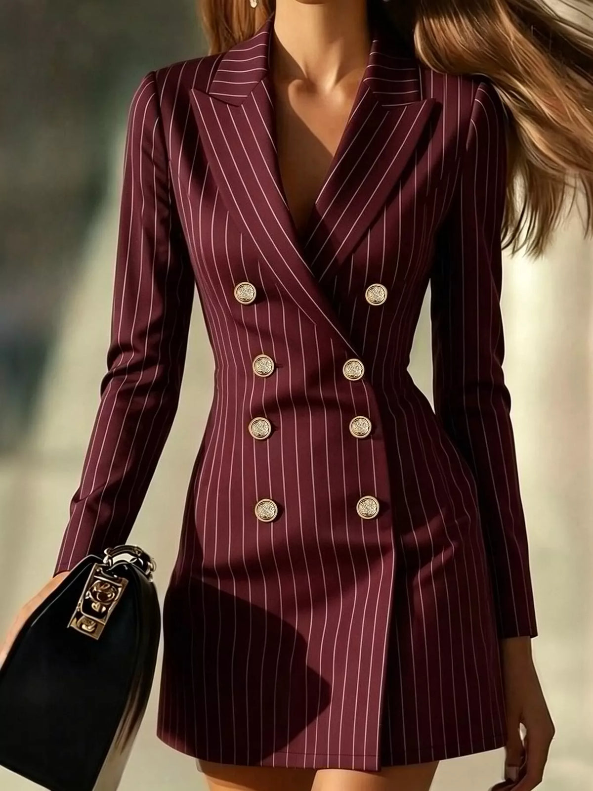 Burgundy striped double-breasted blazer dress