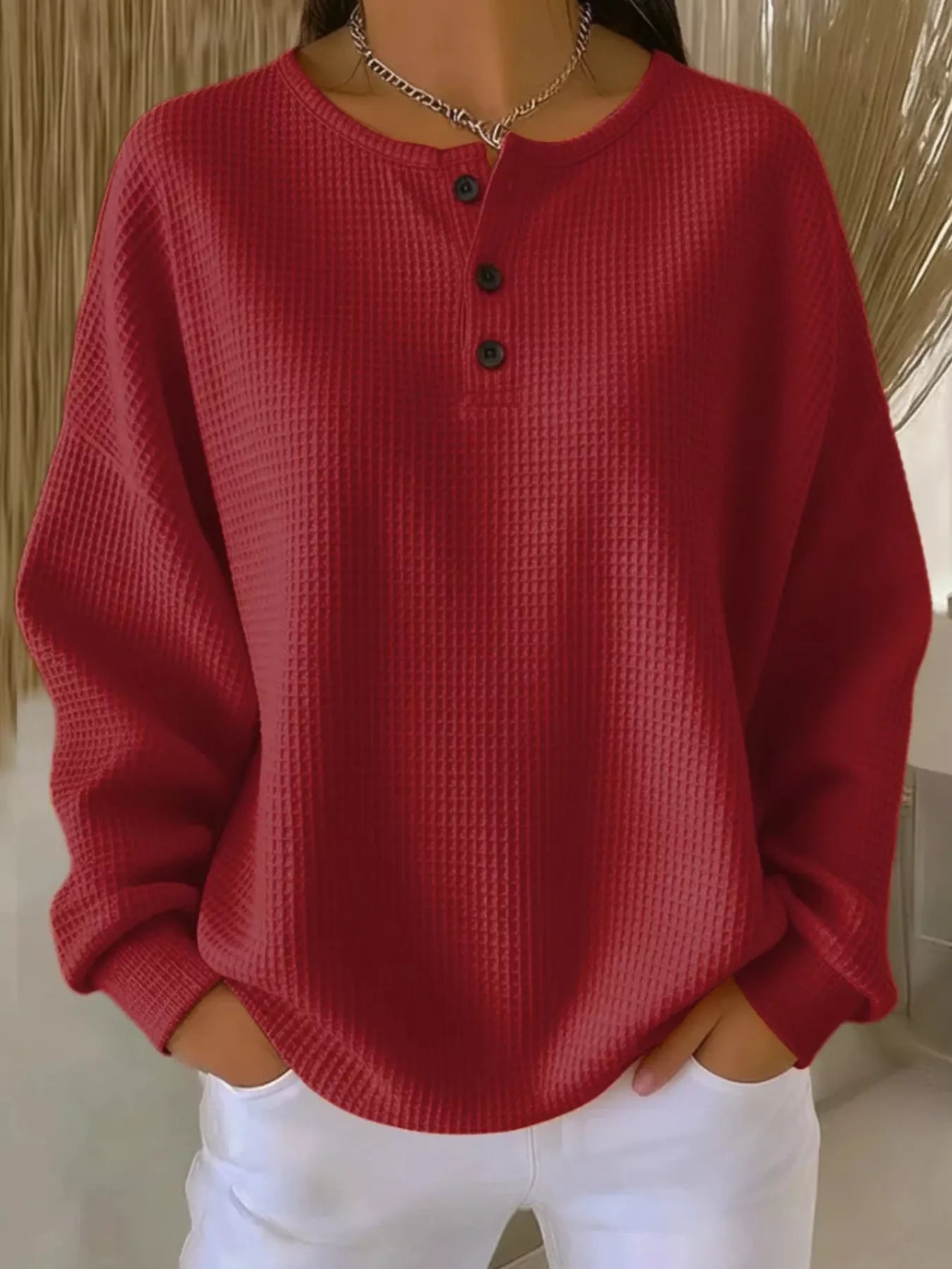 Trendsi Full Size Waffle Knit Button Detail Top Plus Size -