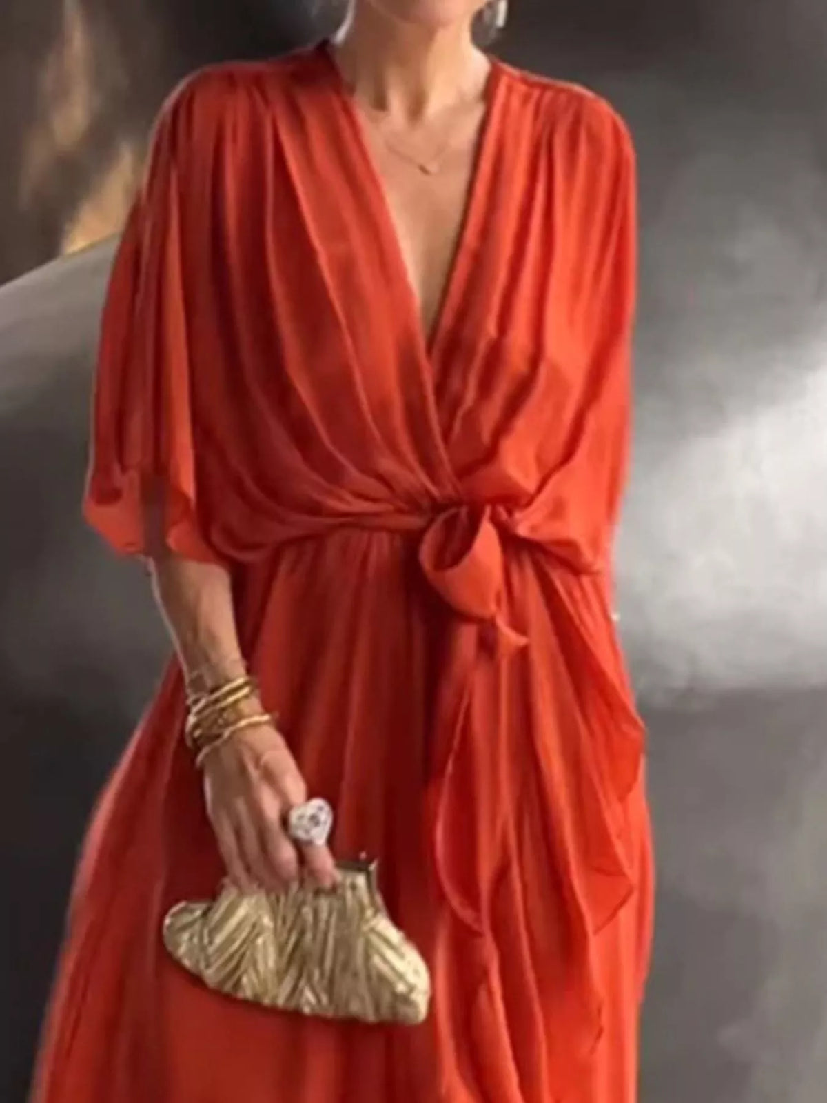 Trendsi Full Size Chiffon Wrap Dress with Flutter Sleeves Plus Size -